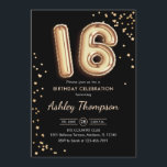 16th Birthday - Gold Balloons Black Invitation<br><div class="desc">16th birthday party invitation. Elegant design in faux glitter gold and black. Invite card features gold number 16 balloons and script font. Perfect for a stylish bday celebration. Message me if you need custom age.</div>