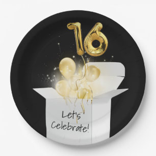 16th Birthday Gold Balloons In White Box  Paper Plate