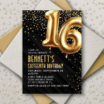 16th Birthday Gold Black Invitation<br><div class="desc">A birthday design that cuts straight to the celebration-no messing around. Featuring bold numbers styled to look like foil balloons with sparkling confetti all around, this design brings instant party vibes. The gold and black colour scheme and art deco text elevate the design, adding a sophisticated touch. Perfect for that...</div>