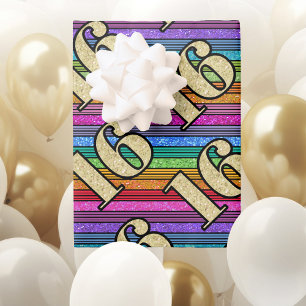 16th Birthday Gold Numbers Rainbow Stripe Glitter Wrapping Paper Sheet