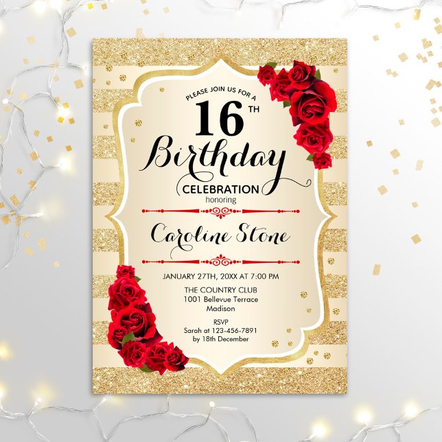 16th Birthday - Gold Stripes Roses Invitation (Creator Uploaded)