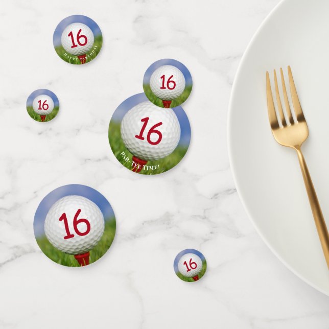 16th birthday golf ball on red tee confetti (Group)