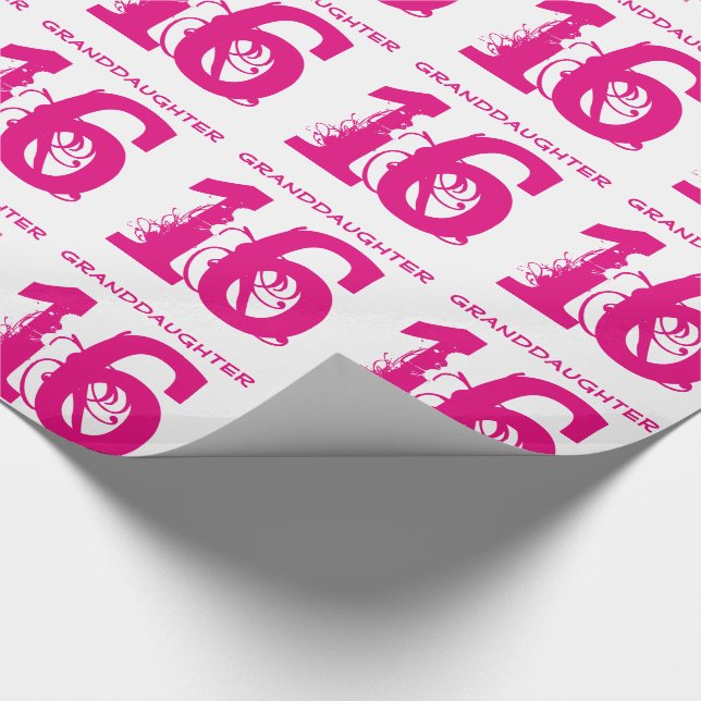 16th Birthday granddaughter, pink text on white. Wrapping Paper (Corner)