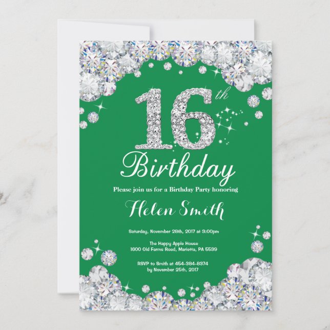 16th Birthday Green and Silver Diamond Invitation (Front)