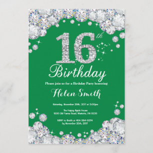 16th Birthday Green and Silver Diamond Invitation
