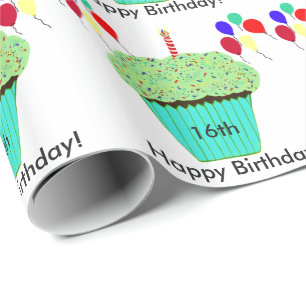 16th Birthday Green Cupcake Balloons Customize Age Wrapping Paper