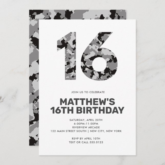 16TH Birthday, Grey Camo Personalized Teen Invitation (Front/Back)