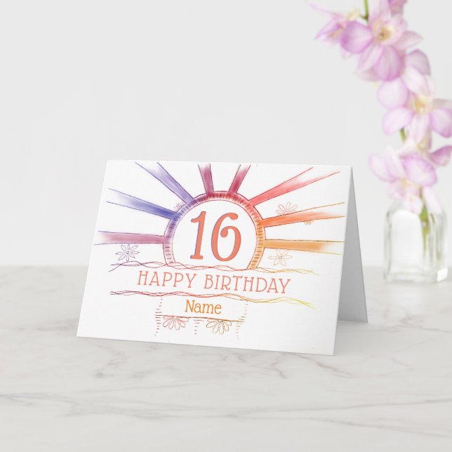 16th Birthday - hand drawn multi-colored sunburst Card (Orchid)