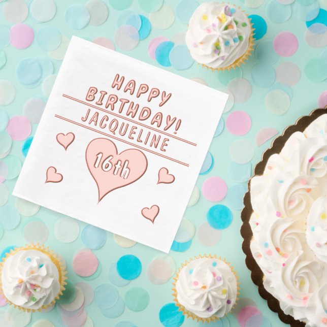 16th Birthday Hearts Name Any Age Foil Napkins (Insitu (Party))