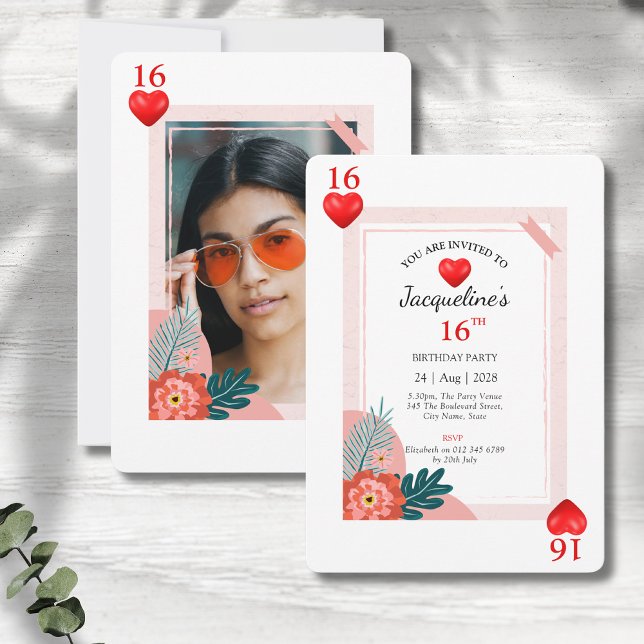 16th Birthday Hearts Sweet 16 Invitation (Sweet 16, 16th birthday party invitations showing front and rear on a grey wood background.)