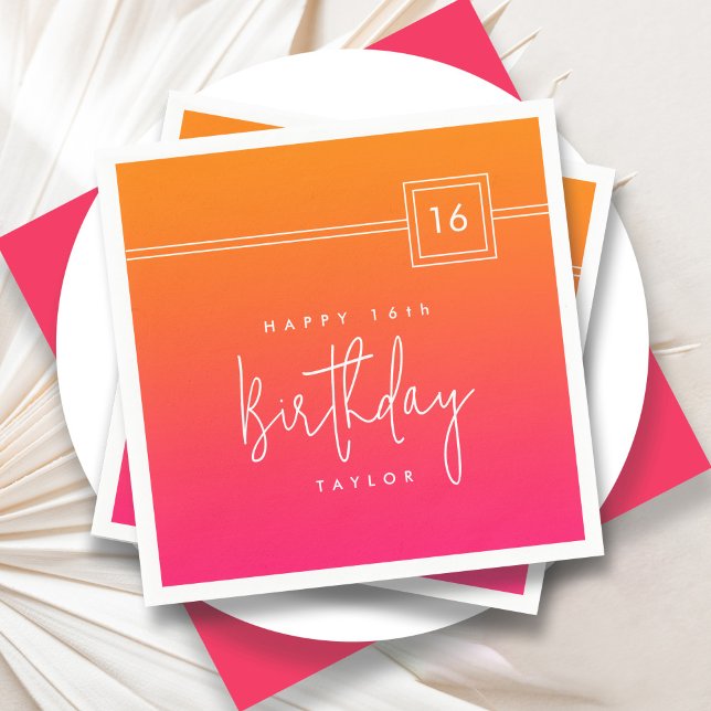 16th Birthday Hot Pink Orange Colourful  Napkin (Creator Uploaded)