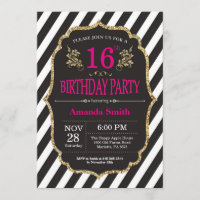16th Birthday Invitation. Black and Gold Glitter