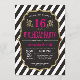 16th Birthday Invitation. Black and Gold Glitter Invitation