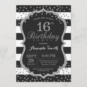 16th Birthday Invitation. Black and Silver Glitter Invitation