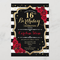 16th Birthday Invitation Black White Stripes Roses