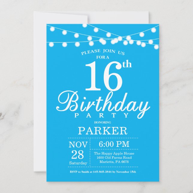 16th Birthday Invitation Blue (Front)