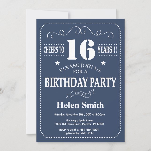16th Birthday Invitation Blue and White (Front)