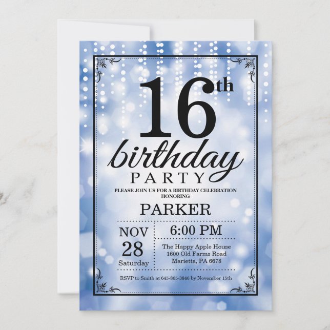 16th Birthday Invitation Blue Glitter (Front)