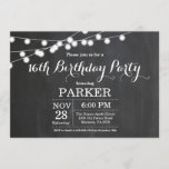 16th Birthday Invitation Chalkboard<br><div class="desc">16th Birthday Invitation with String Lights Chalkboard Background. 13th 15th 16th 18th 21st 30th 40th 50th 60th 70th 80th 90th 100th,  Any age. For further customization,  please click the "Customize it" button and use our design tool to modify this template.</div>
