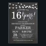 16th Birthday Invitation Chalkboard<br><div class="desc">16th Birthday Invitation Chalkboard Background with String Lights. Black and White. 13th 15th 16th 18th 20th 21st 30th 40th 50th 60th 70th 80th 90th 100th, Any age. Adult Birthday. Woman or Man Male Birthday Party. For further customization, please click the "Customize it" button and use our design tool to modify...</div>