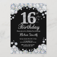 16th Birthday Invitation Chalkboard Silver Diamond