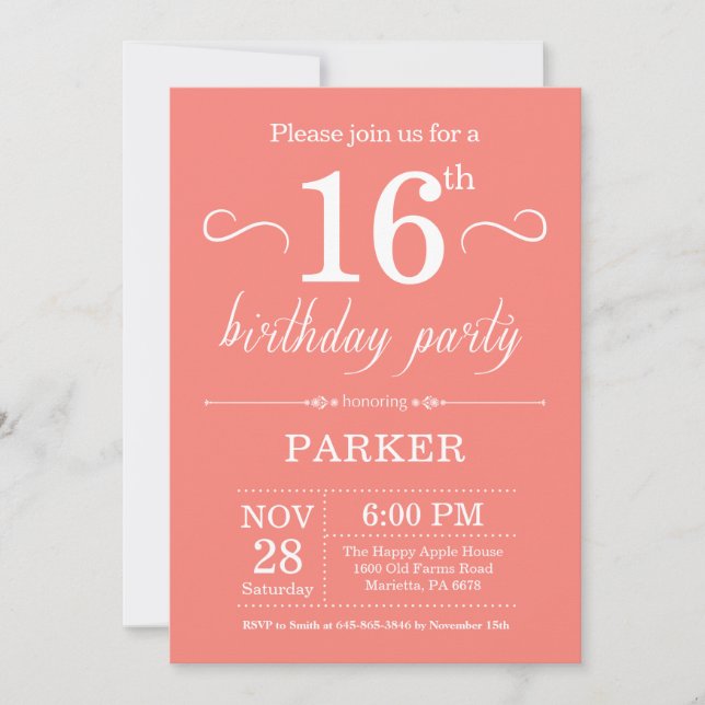 16th Birthday Invitation Coral (Front)