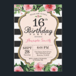 16th Birthday Invitation. Floral Pink Gold Black Invitation<br><div class="desc">16th Birthday Invitation for teen,  lady. Sweet Sixteen. Black and Gold Birthday Party Invite. Gold Glitter. Pink Watercolor Floral Flower. Black and White Stripes. Printable Digital. For further customization,  please click the "Customize it" button and use our design tool to modify this template.</div>