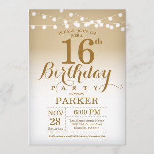 16th Birthday Invitation Gold String Lights
