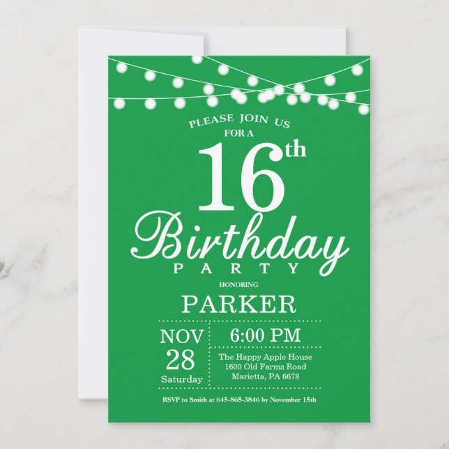 16th Birthday Invitation Green (Front)