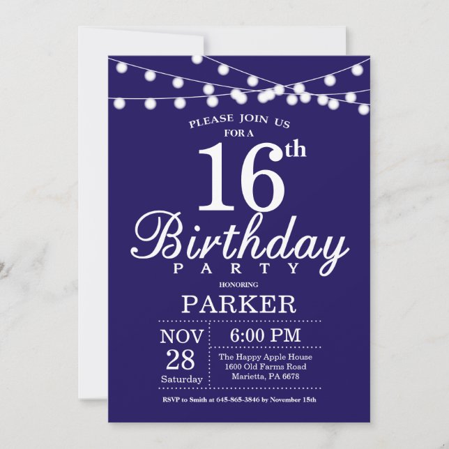 16th Birthday Invitation Navy Blue (Front)