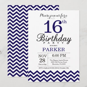 16th Birthday Invitation Navy Blue Chevron