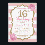 16th Birthday Invitation Pink and Gold Floral<br><div class="desc">16th Birthday Invitation. Pink and Gold. Gold Glitter. Pink and White Stripes. Pink Floral Flower. Kids Birthday. Girl Lady Teen Teenage Birthday Party. For further customization,  please click the "Customize it" button and use our design tool to modify this template.</div>