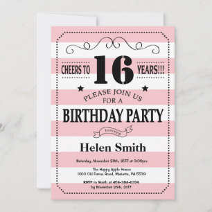 16th Birthday Invitation Pink and White Stripes