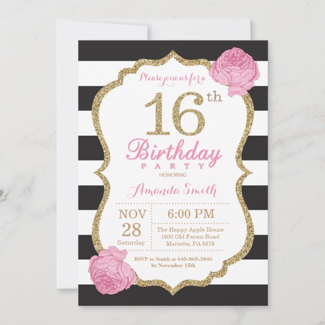 16th Birthday Invitation Pink Black Gold Floral (Front)