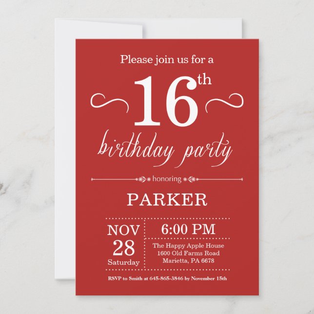16th Birthday Invitation Red (Front)
