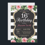 16th Birthday Invitation Women. Floral Gold Black<br><div class="desc">16th Birthday Invitation for girl teen lady. Black and Gold Birthday Party Invite. Gold Glitter. Pink Watercolor Floral Flower. Black and White Stripes. Chalkboard. Printable Digital. For further customization,  please click the "Customize it" button and use our design tool to modify this template.</div>