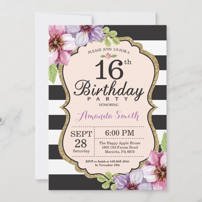 16th Birthday Invitation Women. Floral Gold Black (Front)