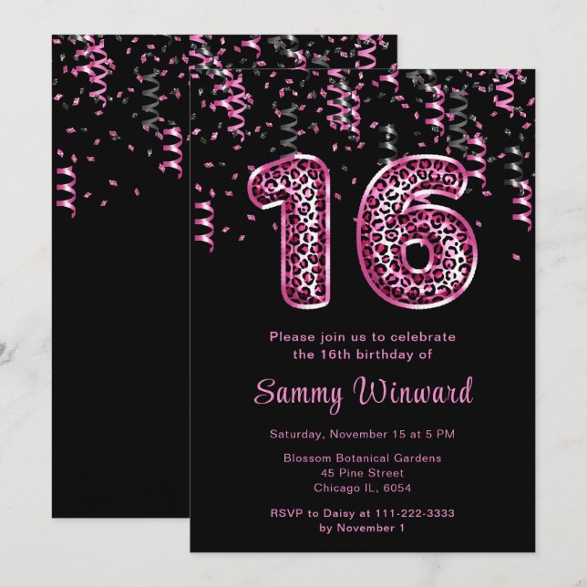 16th Birthday Leopard Print Balloons with Confetti Invitation (Front/Back)