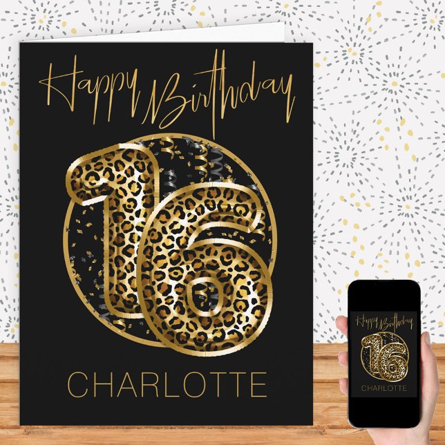16th Birthday Leopard Print Gold Foil Balloons Card (Creator Uploaded)