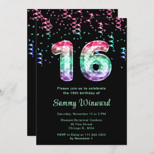16th Birthday Mermaid Balloons with Confetti Invitation