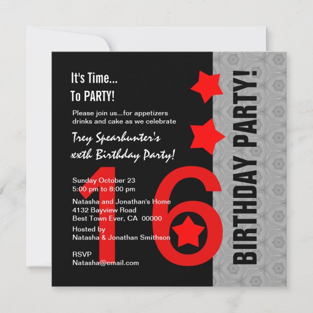 16th Birthday Modern Red Silver Black A11A Invitation (Front)