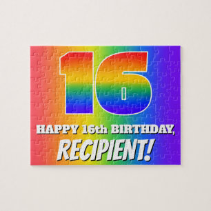 16th Birthday — Multicolored Rainbow Pattern “16” Jigsaw Puzzle