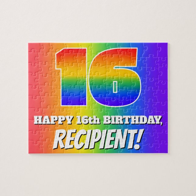 16th Birthday — Multicolored Rainbow Pattern “16” Jigsaw Puzzle (Horizontal)