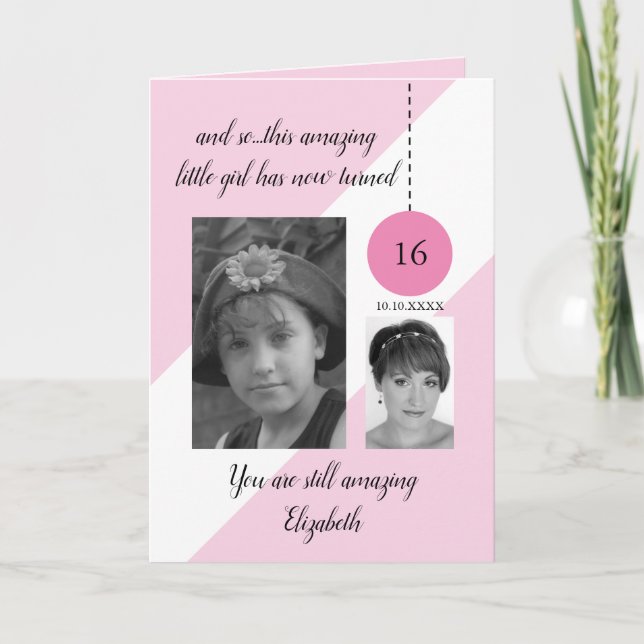 16th Birthday name date pink white photo Card (Front)