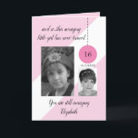 16th Birthday name date pink white photo Card<br><div class="desc">16th birthday photo greeting card,  or change the age to suit. 
Add a name,  date,  two photos and write your message inside.
Pink,  white and black.
You are still amazing.
Black and white filter used on the photos.</div>