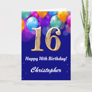 16th Birthday Navy Blue and Gold Colourful Balloon Card