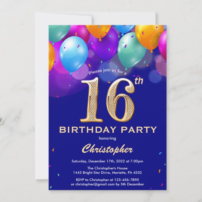 16th Birthday Navy Blue and Gold Colourful Balloon Invitation (Front)