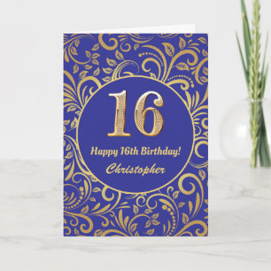 16th Birthday Navy Blue and Gold Floral Pattern Card
