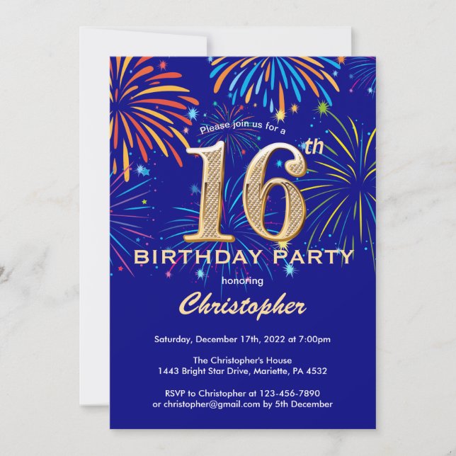 16th Birthday Navy Blue and Gold Rainbow Fireworks Invitation (Front)