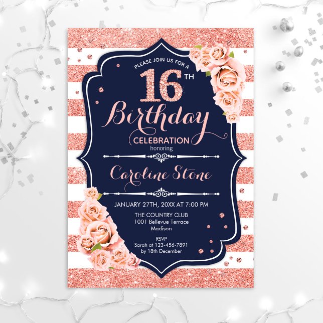 16th Birthday - Navy Rose Gold and White Stripes Invitation (Creator Uploaded)